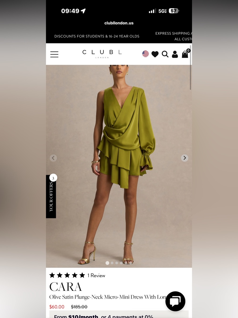 Club L London Olive One-Shoulder Satin Mini Dress